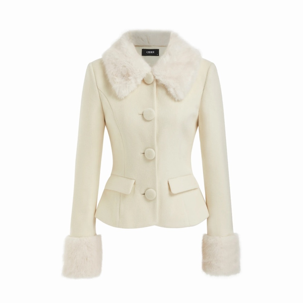 CIDER COLLAR FAUX FUR TRIM LONG SLEEVE BUTTON JACKET white S nana Jacqueline *